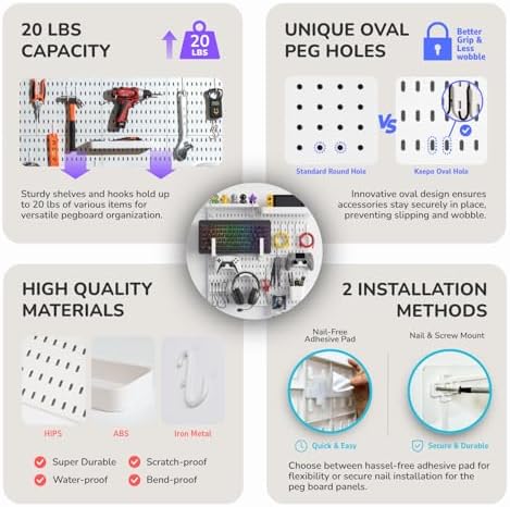 Keepo Peg Board Wall Organizer for Gaming Setup, Pegboard with Adhesives & Screw Mounts, Includes Peg Board Accessories for Gaming Accessories, Tech Storage & Office Organization (White, 22″×22″) - Image 6