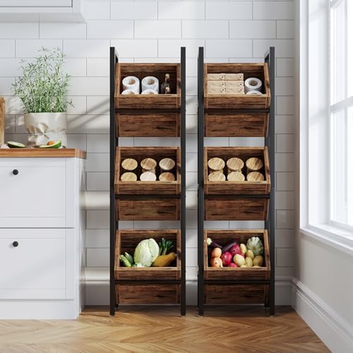 LITTLE TREE 3-Tier Basket Stand, Wooden Floor Stand Shelving Unit, Standing Organizer Storage Rack for Kitchen, Bathroom, Living Room (Rustic Brown, 2) - Image 4
