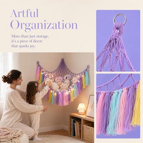 THIDARGO Stuffed Animal Hammock Storage Net with LED Lights, Colorful Tassels, 59in, for Kids Bedroom Nursery Playroom, Includes 3 Hooks (not including battery) (Purple) - Image 5