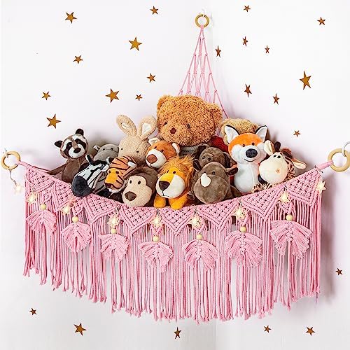 Macrame Stuffed Animal Storage with Star Light, Corner Hammock for Nursery by ANROYE
