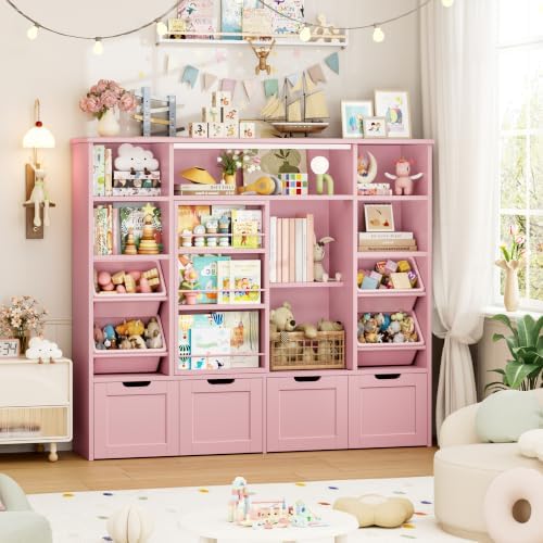 FINETONES Toy Storage with Sliding Bookshelf, Toy Organizer with 4 Bins - Image 4