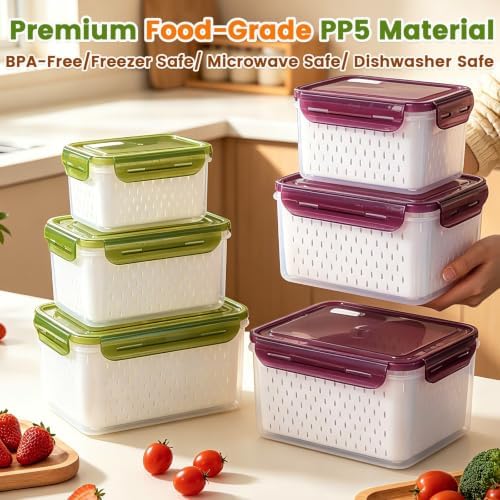 TBMax 8 Pieces Airtight Fruit Storage Containers for Fridge with Air Circulation Vent, 4 Pack Produce Saver with Colander for Berry Lettuce Salad Vegetable Storage, Refrigerator Organizers -Purple - Image 5
