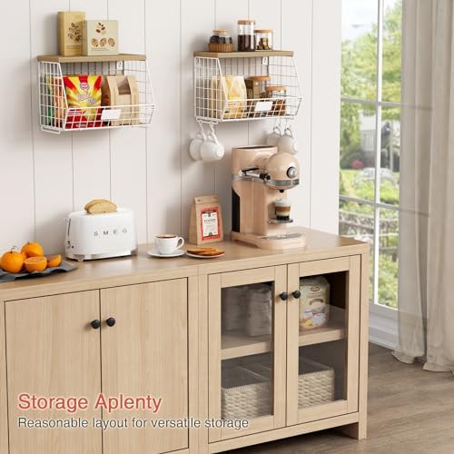 Goozii White Fruit Storage Basket for Kitchen Counter Set of 2, Wall Mount Wire Fruit Basket with Shelf with Banana Hanger, Hanging Countertop Organizer for Bathroom Pantry Cabinet, White + Natural - Image 3