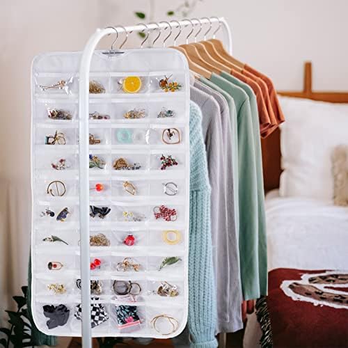 Bloss Hanging Jewelry Organizer With 80 Pockets Double-Side Dating Gifts Jewelry Storage Hanger For Accessories Jewelry Earring Holder Storage for Closet,Wall, Door, Travel-White - Image 6