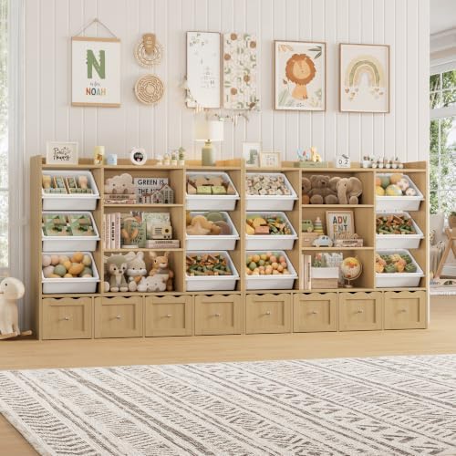 HITHOS 55"W Kids Toy Storage Organizer with 10 Toy Box & Bookshelf, Natural - Image 3