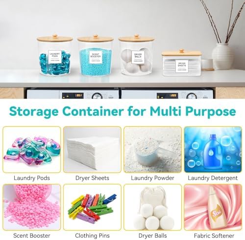 Laundry Pods Container & Dryer Sheet Holder, Laundry Room Organization and Storage Jars with Lids, Labels & Scoops for Powder Detergent Scent Booster - Image 3
