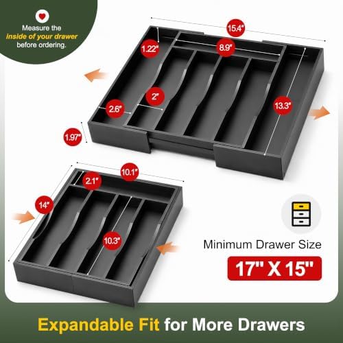 Bellsal Black Silverware Organizer Kitchen Drawer Organizer Expandable Bamboo Utensil Holder Cutlery Tray for Kitchen Utensil and Flatware Bedroom Office - Image 2