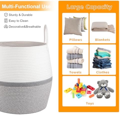 OIAHOMY 60L Blanket Basket with Handle, Storage Basket for Living Room, Laundry Hamper for Clothes, Towels, Pillows, Toy Storage for Kids and Dogs, Baby Hamper for Nursery - Grey & White - Image 5