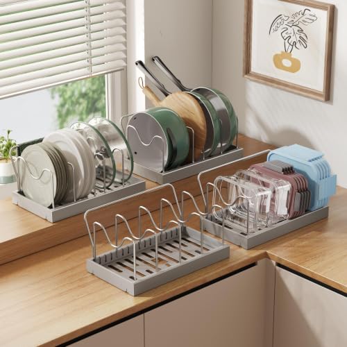 CICUFY 4 Pack Pots and Pans Organizer Under Cabinet, 12"-23" Pot Lid Holder Rack Inside Cabinet with 10 Adjustable Dividers, Pan Lid Organizer with Guardrail For Kitchen Countertop, Gray by CICUFYOfficial