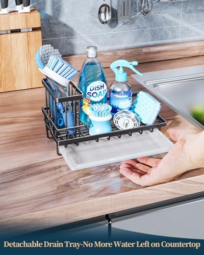 Consumest Sink Caddy, Kitchen Sponge Holder with Dish Brush Holder, Kitchen Sink Organizer with Drip Tray for Countertop Stainless Steel Rustproof, Black-Large - Image 4