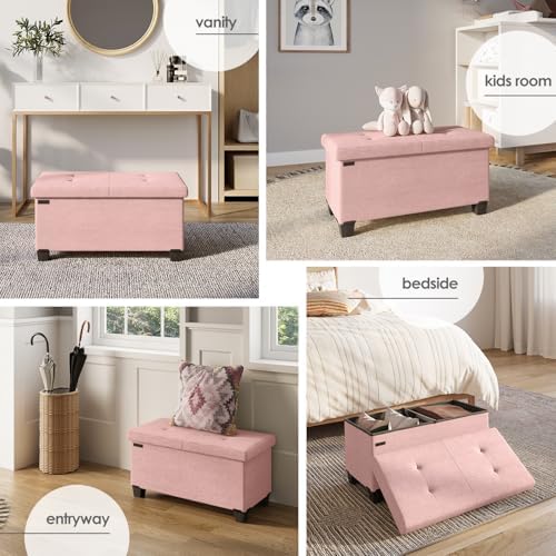 Storage Ottoman Bench with Bins, 30-in Storage Bench for Bedroom End of Bed, Folding Foot Rest Ottoman for Living Room Max 660lbs, Fabric Ottomans, Pink - Image 4
