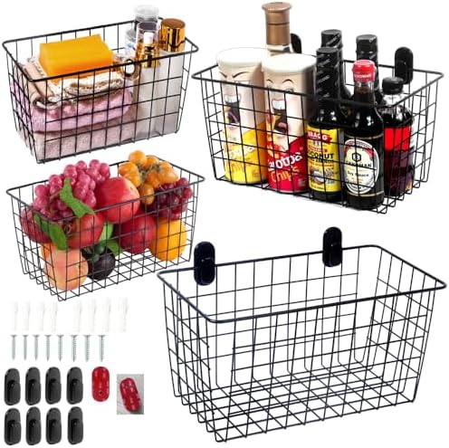 4 Pack【Extra Large】Hanging Kitchen Basket,Wire Storage Basket,with Traceless Tape and 3M High-Strength Plastic Hooks,no Drilling,for Cabinet Storage,Kitchen,Bathroom,Storage Room,large capacity by JUNCHUCHERRY