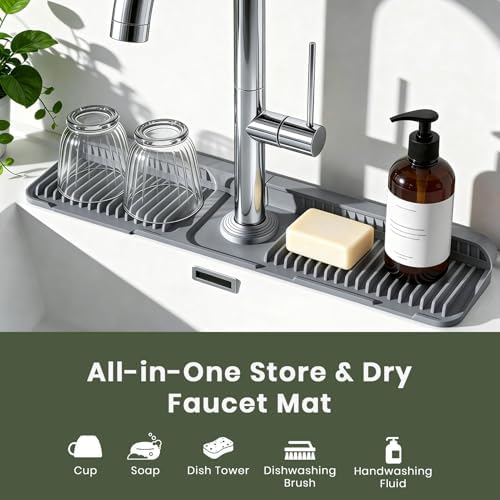 2PCS 24 Inch Faucet Mat for Kitchen Sink, Silicone Splash Guard for Kitchen Sink Area, 7° Slope Fast Self-Draining Sink Mat, Cuttable Hole Design, Sink Backsplash Guard Draining Mat, Dark Grey - Image 4