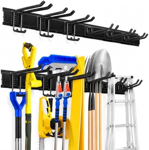 Garage Tool Organizer Wall Mount, Heavy Duty 48 Inch Garage Storage System with Adjustable Hooks, Garden Tool Rack for Shovel Rake Broom Snowboard Shed Organization by WEZAFO