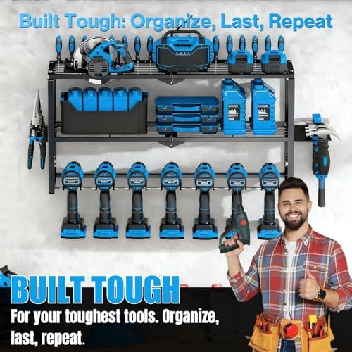 Heavy Duty Power Tool Organizer Wall Mount - 3 Tier Metal Tool Rack with 7 Drill Holders, 300LB Capacity for Garage, Workshop, Pegboard Storage - Image 3