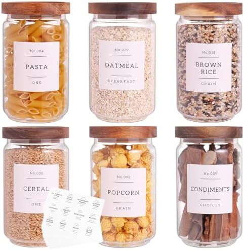 6 Set Glass Pantry Storage Jars with Acacia Airtight Lid - 23oz Thicken Glass Kitchen Canisters with 132 Pantry Labels - Clear Glass Food Storage Containers with Wood Lid for Tea,Sugar,Cookie,Coffee by CZZGSM