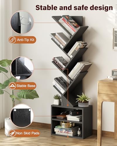 SUNMORY 6 Tier Tree Bookshelf, Tall Small Bookcase with Storage Cabinet - Image 5