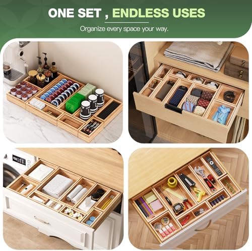 9-Pack Solid Wood Junk Drawer Organizer, Modular Desk Drawer Tray & Accessories with Non-Slip Pad, Multi-Use for Kitchen, Office, Bedroom Dresser, Utensil, Makeup, Stationery, Tea Bags & Coffee Pod - Image 6