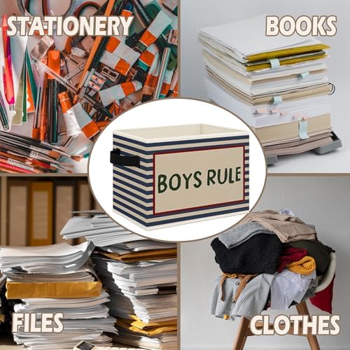 Boys Rule Foldable Storage Bins Box with Handles, Retro Blue Striped Collapsible Toys Books Clothes Organizer Basket for Kids Boy Nursery Room Bedroom Bathroom Dorm Playroom - Image 6