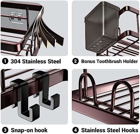 AKTECKE Shower Caddy Corner Organizer: 2Pack Adhesive Shower Shelf Essentials - No Drilling Stainless Steel Bathroom Storage Rack with Hooks and Toothpaste Holder - Image 5