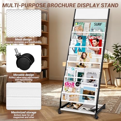 Floor Standing Magazine Rack 5 Layer with Wheels, Brochure Display Stand Large Newspaper Stand for Trade Show Exhibitions Office (Width 18.7 in) - Image 4