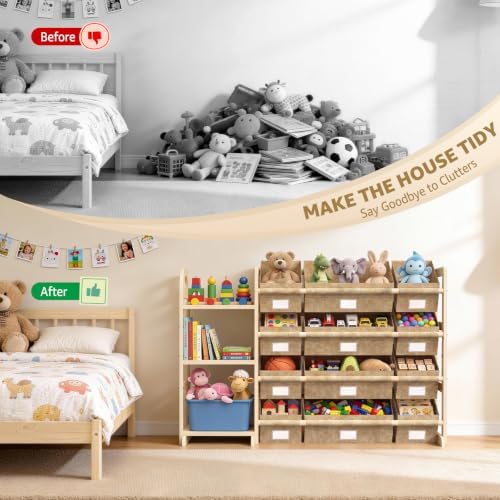 Toy Storage Organizer with 3 Shelves and 12 Bins, Bookshelf/Bookcase, Kids Bin Shelf, Toys Box for Playroom Organization for Bedroom & Room, 47.4" W (khaki) - Image 4