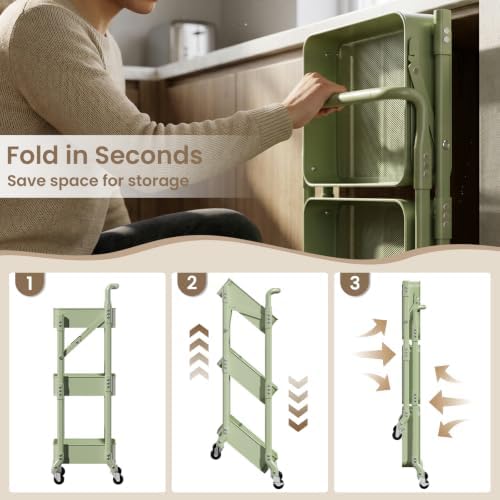 Foldable 3 Tier Rolling Cart, Metal Utility Cart with Wheels - Image 6