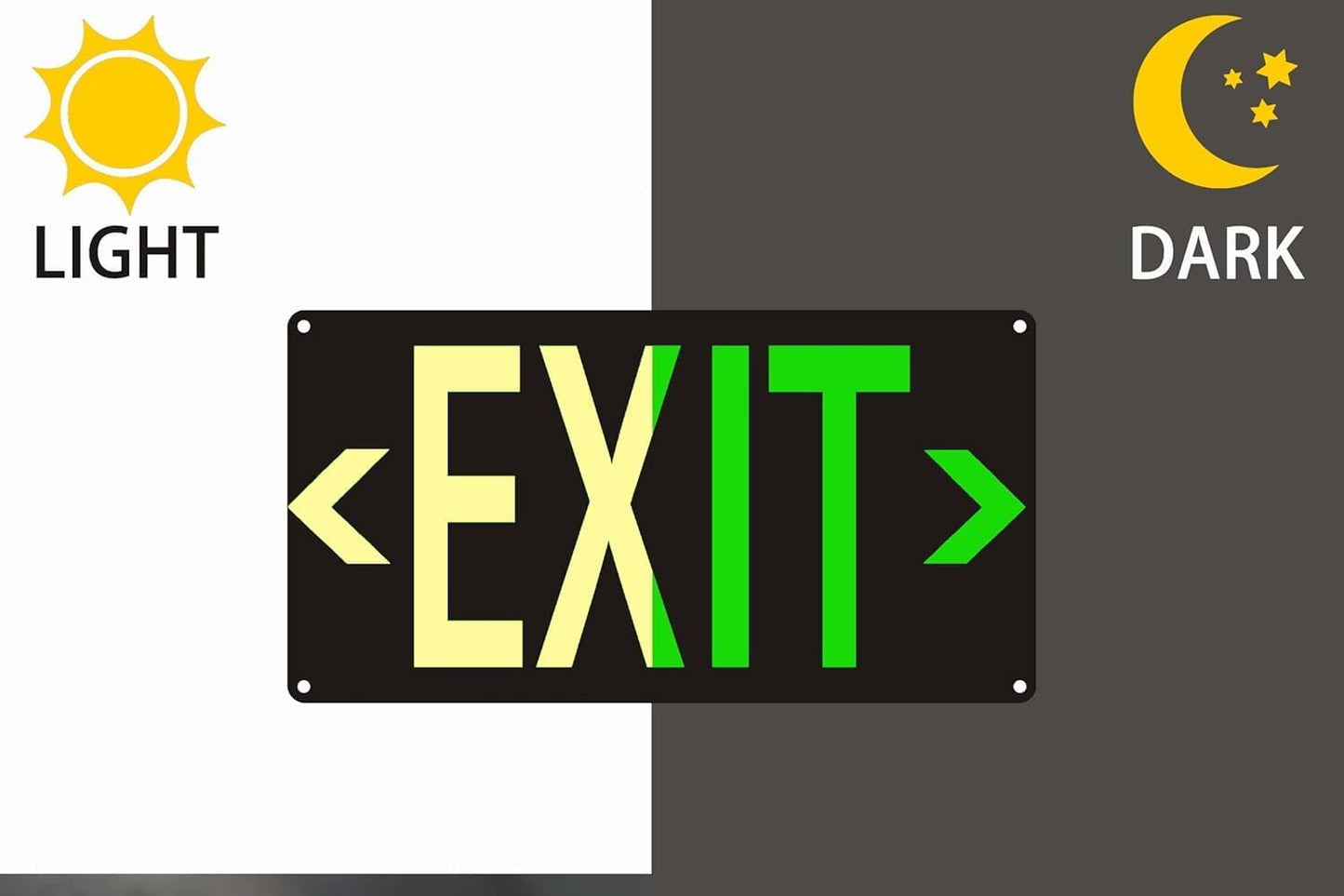2Pack Photoluminescent Exit Sign Black, 14.25"x 7.5" Glow In The Dark Exit Signs Aluminum with 4pcs Removable Directional Arrows and Strong Adhesive Backing