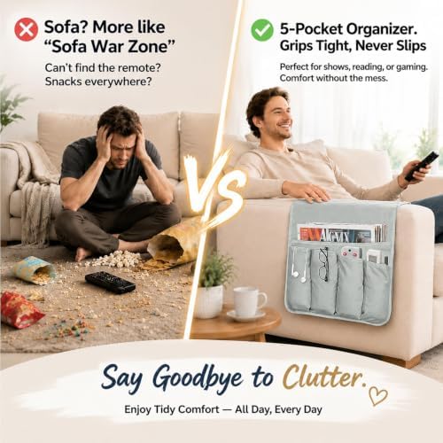 Armchair Caddy for Recliner, Non Slip Sofa Arm Organizer, Sage Gray - Image 3