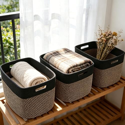 3 Pack Woven Baskets,Storage Baskets for Shelves with Handles by HZFTJOY
