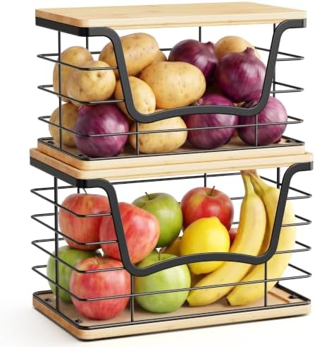 ALOCEO 2 Pack Large Trash Bag Holder for 13/30/33 Gallon Bags, Potato and Onion Storage Baskets with Bamboo Lid, Stainless Steel Stackable Storage Bins for Kitchen Laundry Pantry Room, Black by ALOCEOWallHooksAdhesive