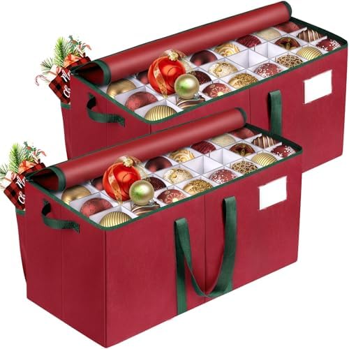 RoomHacks Christmas Ornament Storage Box, Store Up to 128 Ornaments, Christmas Storage Container, Dual Zipper & Adjustable, Large Organizer Bin to Protect and Store Holiday Ornaments (Red-2 Pack) by RoomHacks