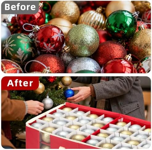 JY COOKMENT Christmas Ornament Storage Box with Adjustable Dividers, Large Holiday Ornaments Storage Container Bin with Zippered Top for Xmas Decorations (128-3" Balls, Red, Without Tray) - Image 4