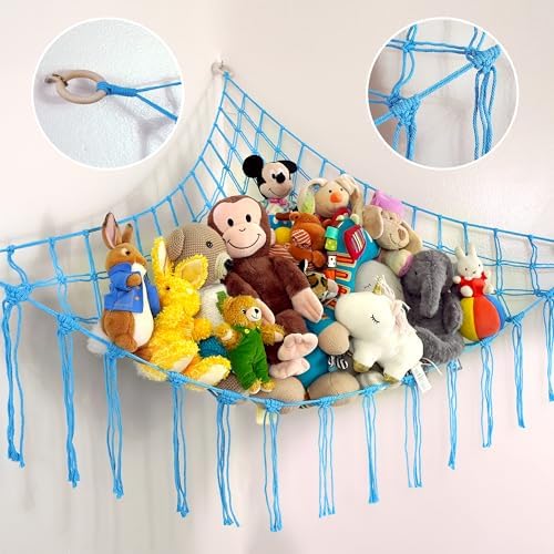 ABBY BABY Large Stuffed Animal Hammock Corner - Stuffed Animal Storage - 100% Natural Cotton Macrame Stuffed Animal Net - Stuff Animal Organizer - Net For Stuffed Animals Corner Large-Blue by AbbyBaby