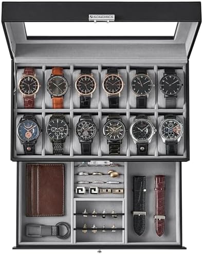 SONGMICS Watch Box, 12-Slot Watch Case Organizer with Large Glass Lid, 2 Layers, Removable Pillows, Metal Lock, Gift for Loved Ones, Black Synthetic Leather, Gray Lining UJWB012 by SONGMICSbySONGMICSHOME