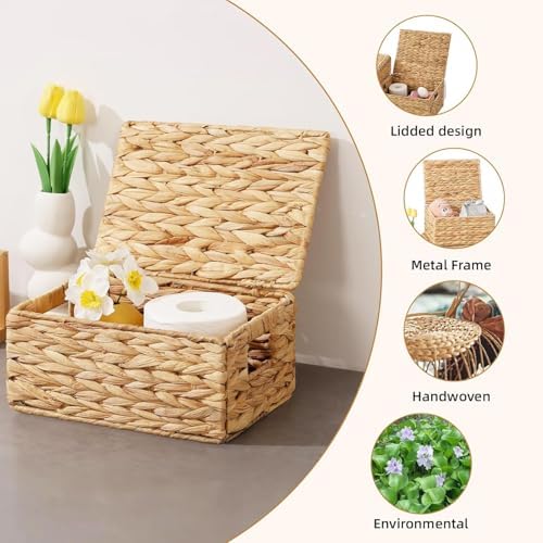 Wicker Storage Baskets with Lids,Multi-size 3 Pack Natural Water Hyacinth Wicker Nesting Baskets,Decorative Storage Ratten Boxes for Organizing,Storage,and Gifts - Image 4