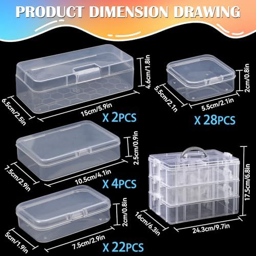 VTG Bead Organizer Box, 56 Pcs Small Plastic Containers with Lids and 3-Tier Stackable Storage Box, Clear Organizers for Jewelry Toys Craft Storage - Image 2
