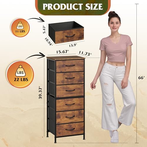 WLIVE Tall Dresser for Bedroom, 6 Drawer Dresser, Rustic Brown - Image 3