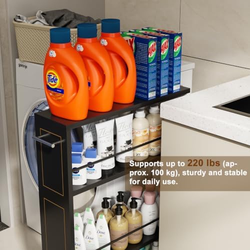 KLM 4 Tier Black Slim Storage Cart with Handle, Slide Out Storage Rolling Utility Cart for Kitchen, Laundry, Narrow Places-6.7" W - Image 6