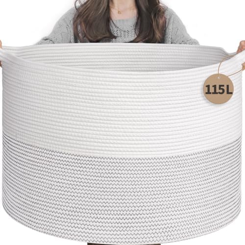 INDRESSME 115L Extra Large Woven Rope Blanket Basket Living Room, White by INDRESSME