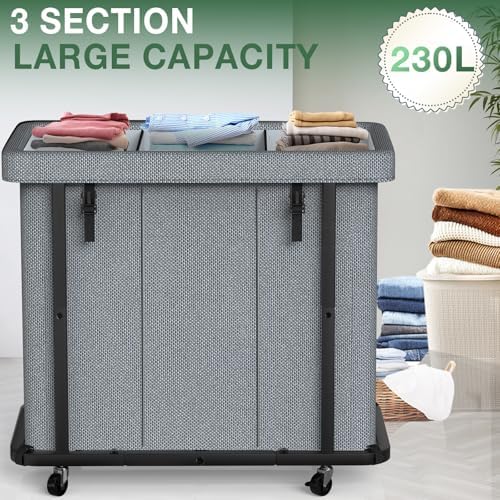 Laundry Basket with Lid,230L Rolling Laundry Hamper with Wheels,Grey - Image 2