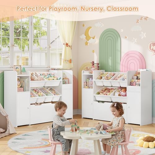 55'' Toy Storage Organizer & Kids Bookshelf with Large Wood Toy Chest,White - Image 6