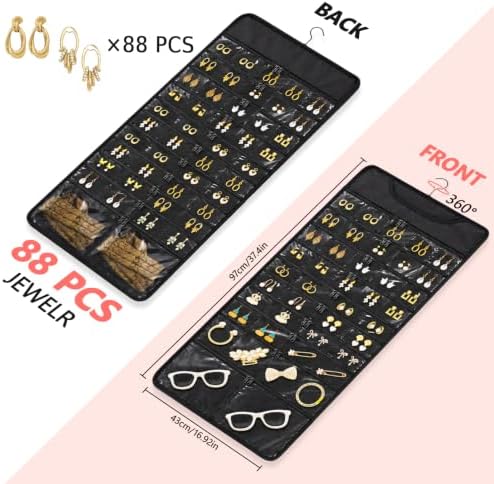 FOREGOER Hanging Jewelry Organizer 88 Zippered Pocket, 2-Sided,1 Pack Black - Image 4
