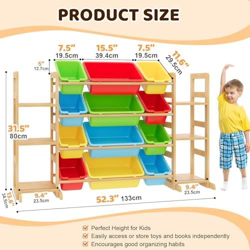 Large Toy Storage Organizer Kids Toy Organizer and Bookshelf Combo with 12 Bins and 6 Shelves Toy Organization Box Toy Shelf for Playroom, Bedroom, Nursery - Image 2