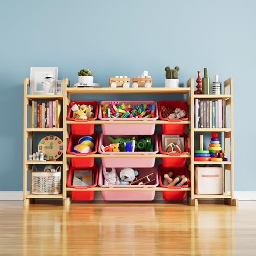 SpaceAid Large Toy Storage Organizer 9 Shelves 9 Bins, Toy Organizers Storage Bookshelf, Kids Bin Shelf Toys Box Bookcase for Bedroom Playroom Organization Room Decor, Red and Pink by SpaceAid