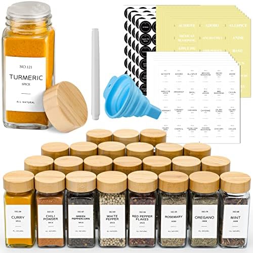 NETANY 24 Pcs Glass Spice Jars with Bamboo Lids, 4 oz Glass Jars with Minimalist Farmhouse Spice Labels Stickers, Collapsible Funnel, Seasoning Storage Bottles for Spice Rack, Cabinet, Drawer by NETANY