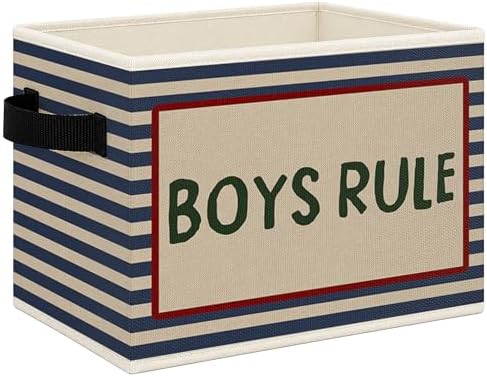 Boys Rule Foldable Storage Bins Box with Handles, Retro Blue Striped Collapsible Toys Books Clothes Organizer Basket for Kids Boy Nursery Room Bedroom Bathroom Dorm Playroom by Mcehtle