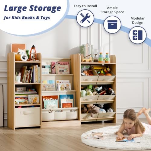 Kids Bookshelf and Toy Storage with 7 Removable Bins, 51 inch, Burlywood - Image 5