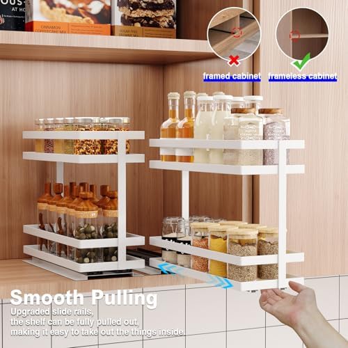 Mustorn 2 Pack Pull Out Spice Rack Organizer for Cabinet, 2 Tier Metal Slide Out Seasoning Organizer and Storage Heavy Duty Vertical Spice Rack Shelf Pullout for Kitchen Cabinets No Drilling (White) - Image 4