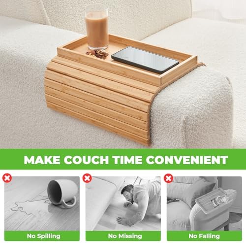LOVYANXUE Bamboo Sofa Arm Tray, Anti Falling Couch Arm Tray Table, Foldable Couch Armrest Table, Portable Sofa Armrest Trays Cup Holder for Drink, Cups, Phone, Snacks, Remote - Image 2